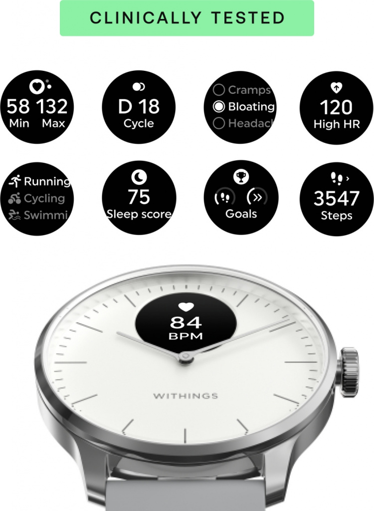 Withings Scanwatch Light -älykello, 37 mm, valkoinen / harmaa