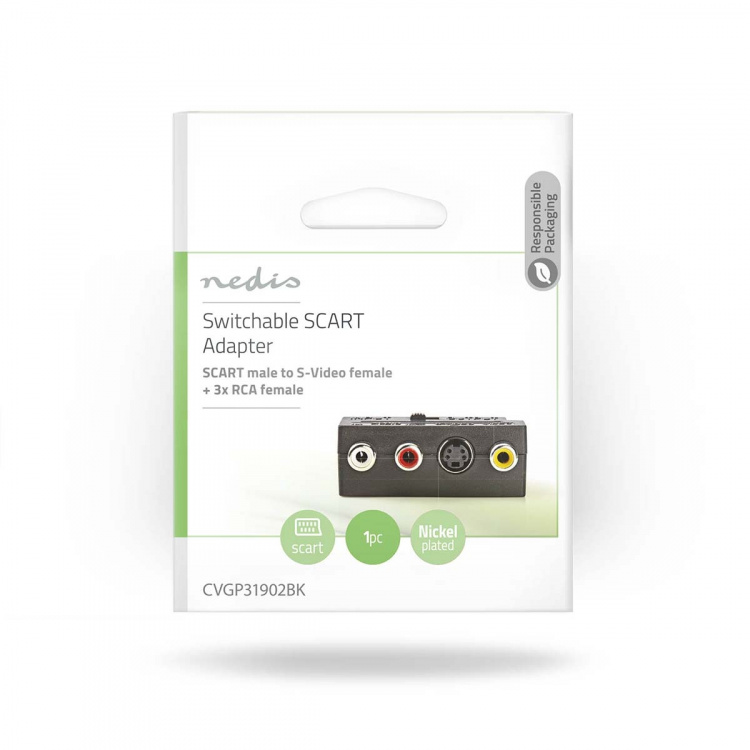 Nedis SCART-adapteri | SCART Uros | S-Video Female / 3x RCA naaras | Niklattu | Vaihdettava | ABS-Muovi | Musta | 1 kpl | Kirjekuori