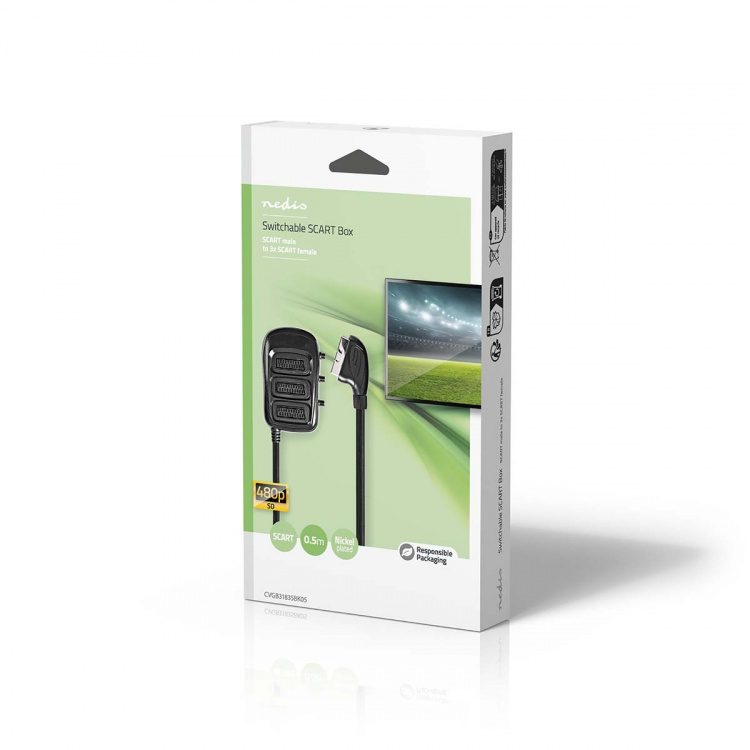 Nedis SCART Kytkentärasia | SCART Uros | 3x SCART Naaras | Niklattu | Maksimi kuvantarkkuus: 800x480 | 0.50 m | Pyöreä | PVC | Musta | Laatikko