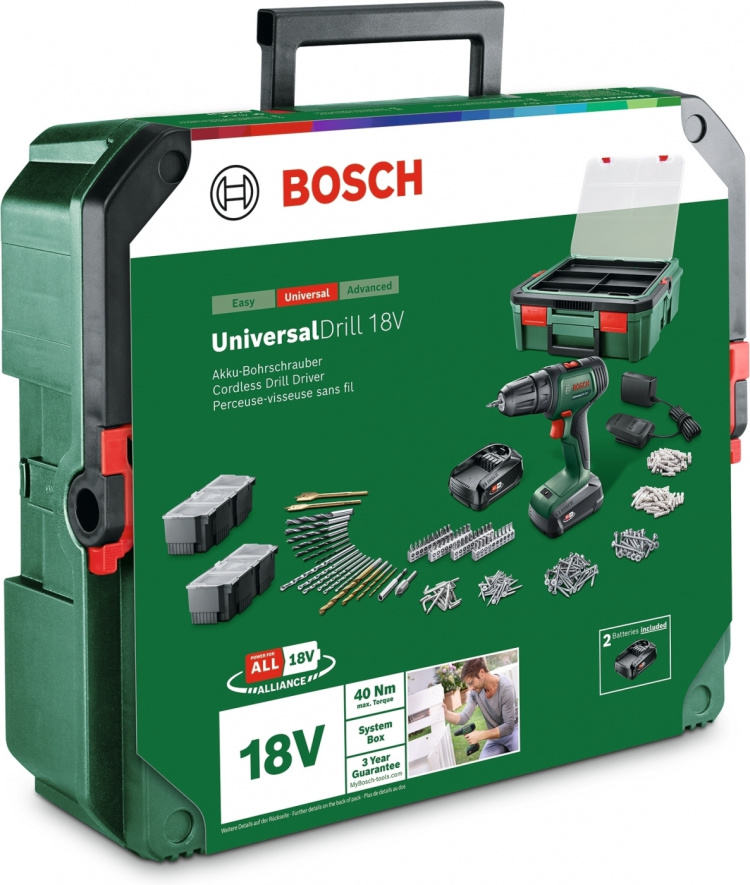 Bosch UniversalDrill 18V + SystemBox 241 -akkuporakone + tarvikesarja