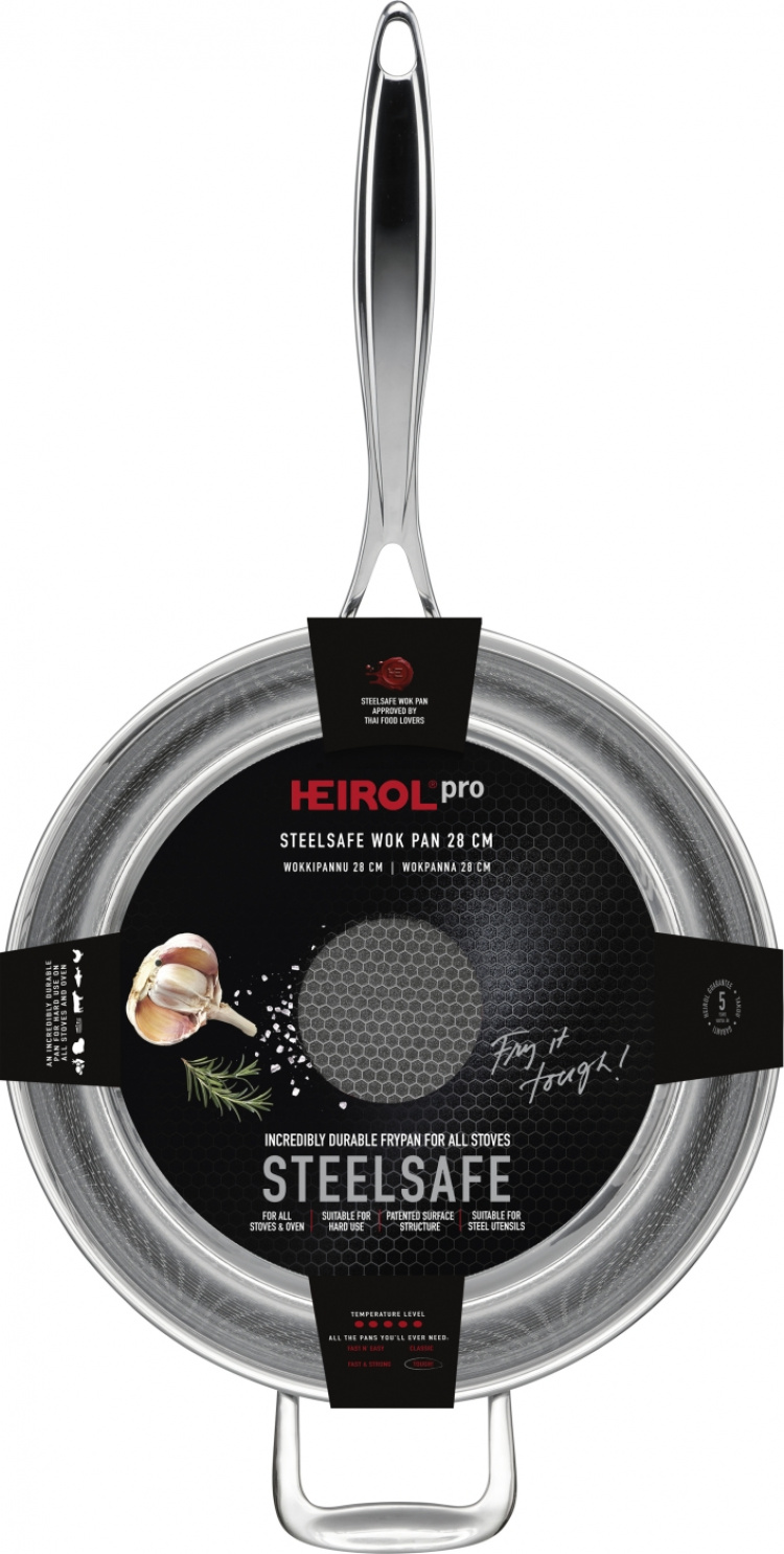 Heirol Pro Steelsafe -wokpannu, ruostumaton teräs + tarttumaton pinnoite, 28 cm