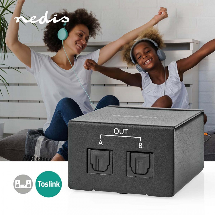 Nedis Digitaalinen Audiojakaja | Kaksisuuntainen | Audio- / video- / datayhteyksien syöttö: TosLink Female | Audio- / video- / datayhteyksien ulostulo: 2x TosLink | Painonappi | Metalli | Musta