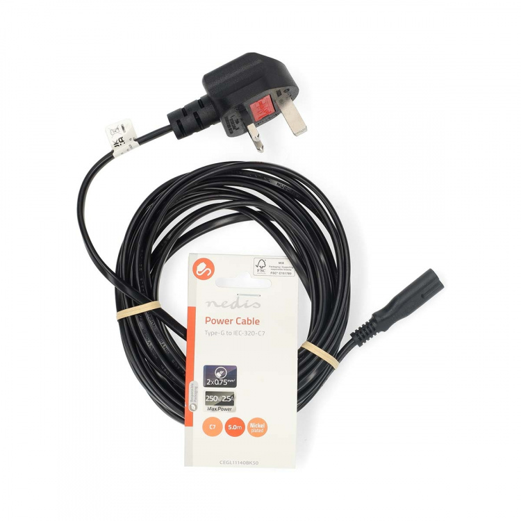 Nedis UK Virtakaapeli | UK Uros | IEC-320-C7 | 5.00 m | Kyllä | 2 x 0.75 mm² | Kupari | Pyöreä | Niklattu | UK | PVC | Virtapistoke: UK / Tyyppi G | 250 V AC | 3 A | Musta