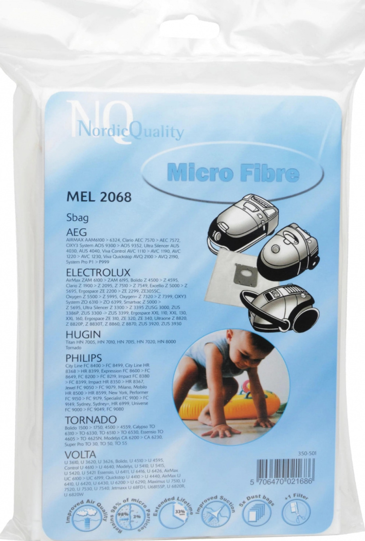 Nordic Quality MEL 2068 Dammsugarpåsar, 5 st. + 1 filter