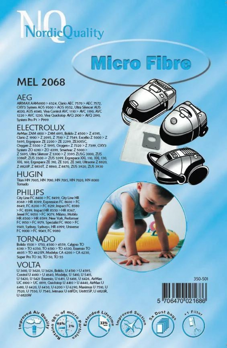 Nordic Quality MEL 2068 Dammsugarpåsar, 5 st. + 1 filter