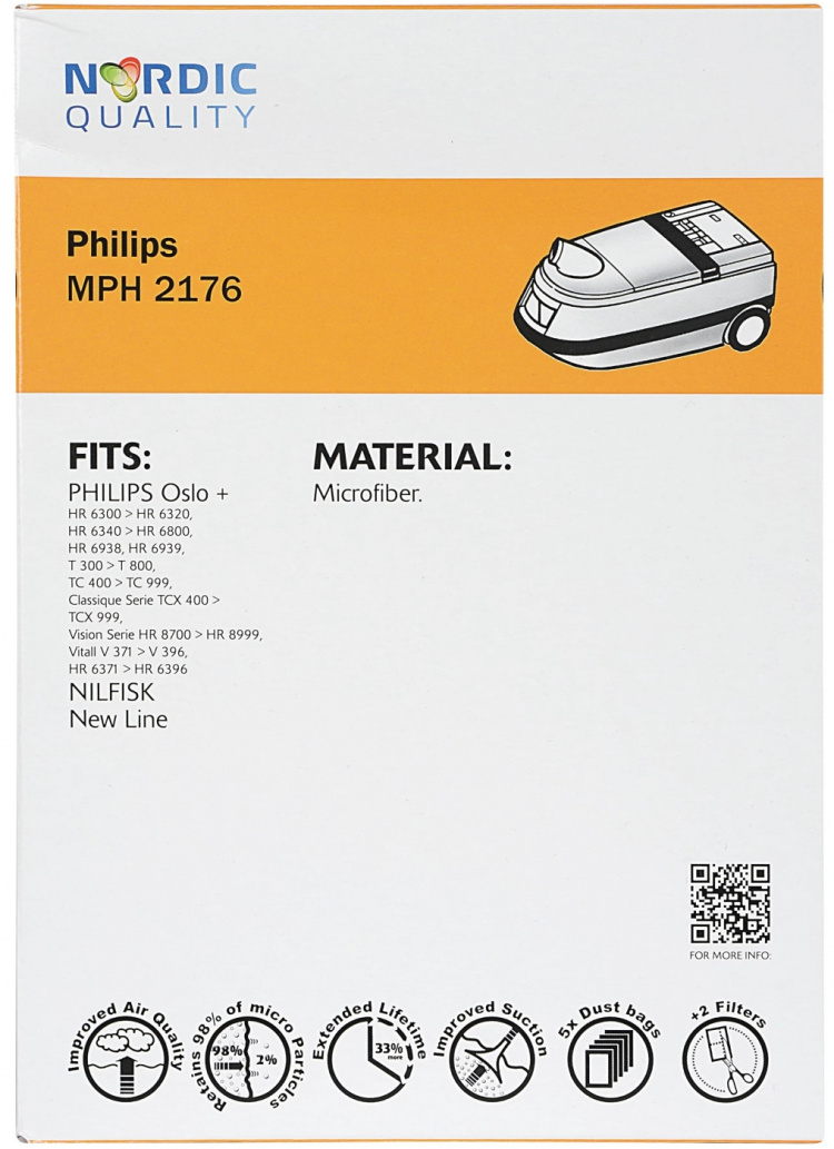 Nordic Quality MPH 2176 Dammsugarpåsar, 5 påsar + 2 filter Nordic Quality MPH 2176 Dammsugarpåsar, 5 påsar + 2 filter