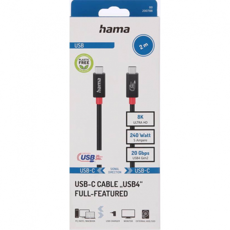Hama Cable USB-C USB 4.0 Gen2 20 Gbit/s 240W 2.0m Black Hama Cable USB-C USB 4.0 Gen2 20 Gbit/s 240W 2.0m Black