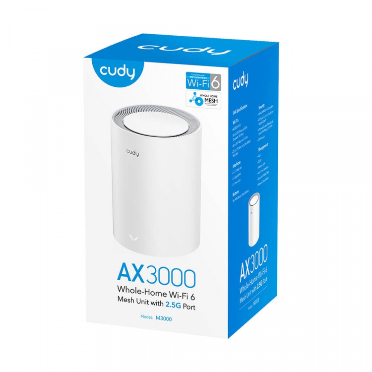 CUDY Mesh Solution M3000 1-pk WF6 AX3000 Gigabit 2.5G White CUDY Mesh Solution M3000 1-pk WF6 AX3000 Gigabit 2.5G White