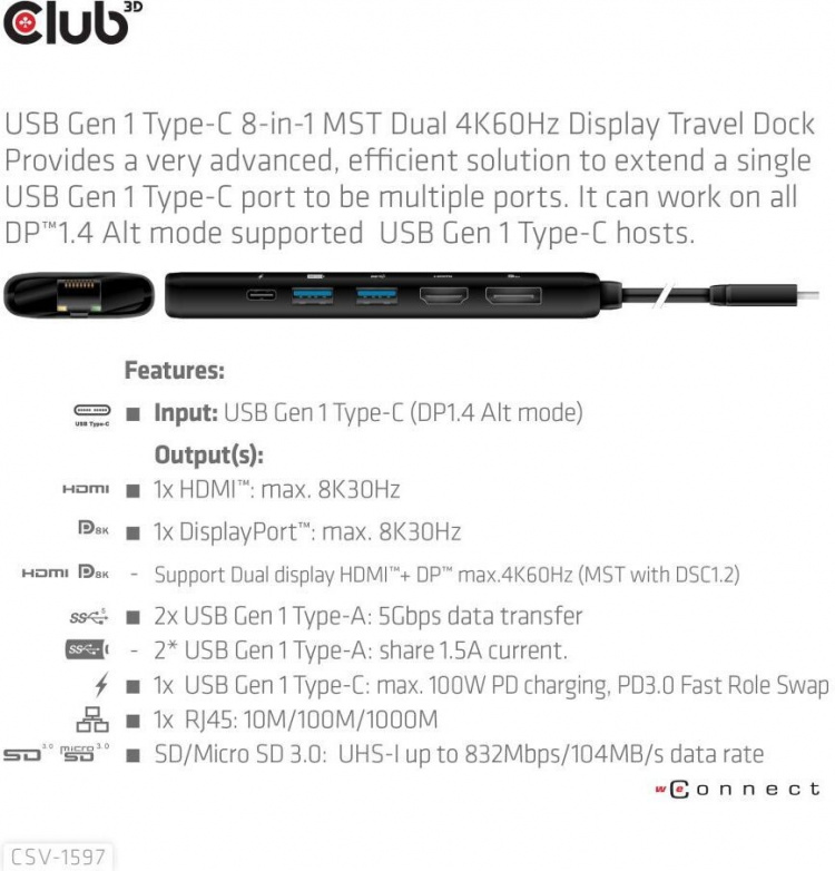 Club 3D Type-C 8-in-1 -hubi