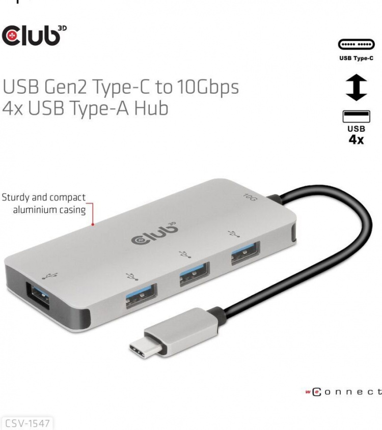 Club 3D USB Type-C to 10 Gbps 4x USB Type-A -hubi Club 3D USB Type-C to 10 Gbps 4x USB Type-A -hubi