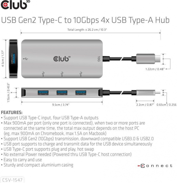 Club 3D USB Type-C to 10 Gbps 4x USB Type-A -hubi Club 3D USB Type-C to 10 Gbps 4x USB Type-A -hubi