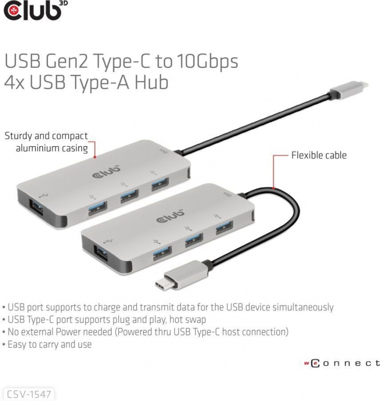 Club 3D USB Type-C to 10 Gbps 4x USB Type-A -hubi Club 3D USB Type-C to 10 Gbps 4x USB Type-A -hubi
