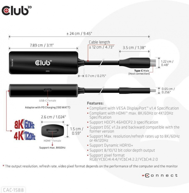 Club 3D CAC-1588 Type C - HDMI 2.1 PD 100W -aktiivinen adapteri, 4K120 Hz - 8K60Hz