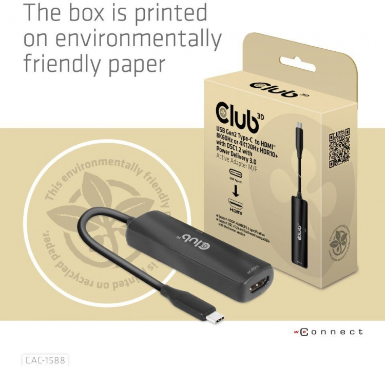 Club 3D CAC-1588 Type C - HDMI 2.1 PD 100W -aktiivinen adapteri, 4K120 Hz - 8K60Hz