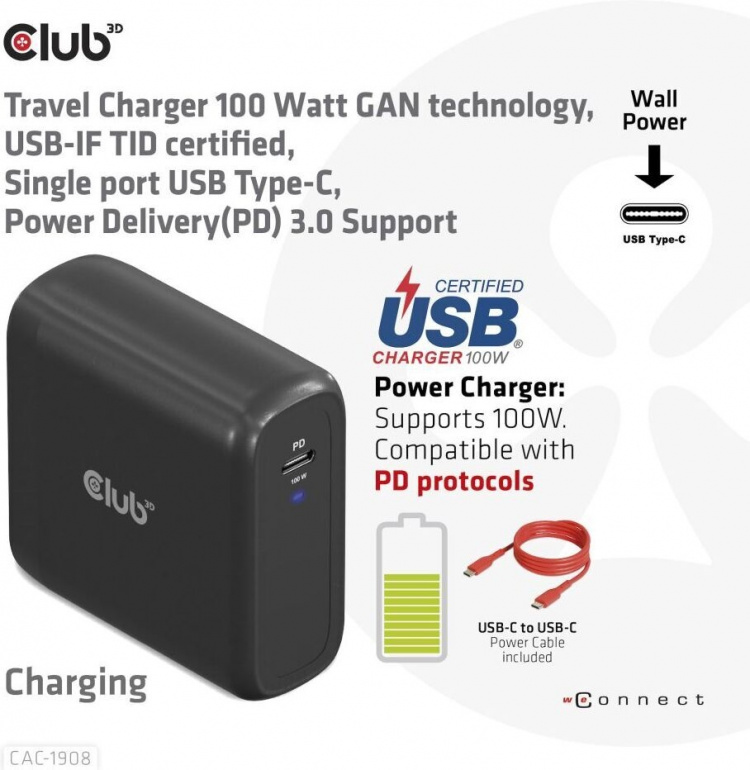 Club 3D CAC-1908EU Travel Charger 100 W GaN USB-C -virtalähde Club 3D CAC-1908EU Travel Charger 100 W GaN USB-C -virtalähde