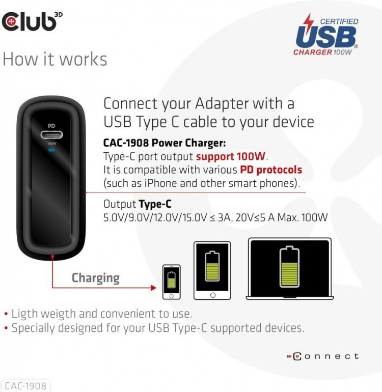 Club 3D CAC-1908EU Travel Charger 100 W GaN USB-C -virtalähde Club 3D CAC-1908EU Travel Charger 100 W GaN USB-C -virtalähde