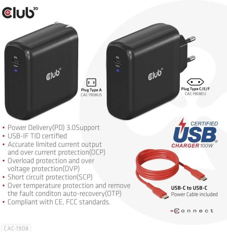 Club 3D CAC-1908EU Travel Charger 100 W GaN USB-C -virtalähde Club 3D CAC-1908EU Travel Charger 100 W GaN USB-C -virtalähde