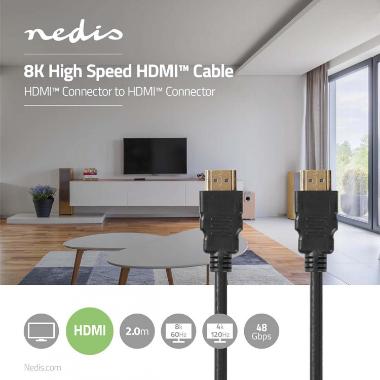 Nedis Ultra High Speed HDMI ™ -kaapeli | HDMI™ liitin | HDMI™ liitin | 8K@60Hz | 48 Gbps | 2.00 m | Pyöreä | 6.5 mm | Musta | Label Nedis Ultra High Speed HDMI ™ -kaapeli | HDMI™ liitin | HDMI™ liitin | 8K@60Hz | 48 Gbps | 2.00 m | Pyöreä | 6.5 mm | Musta | Label