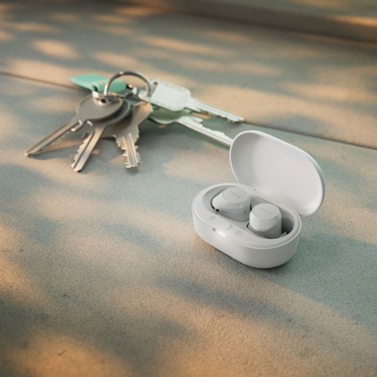 Philips TAT1209WT True Wireless-hörlurar. Små och bekväma. 6+18 tim speltid. IPX4-klass. Vita