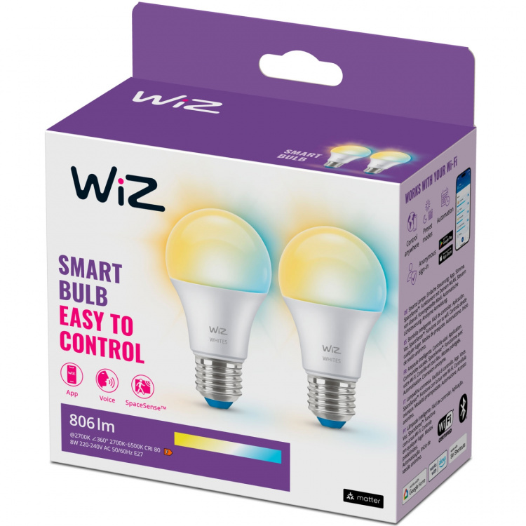 WiZ WiFi Smart LED E27 60W 806lm Varm-kallvit 2-pack