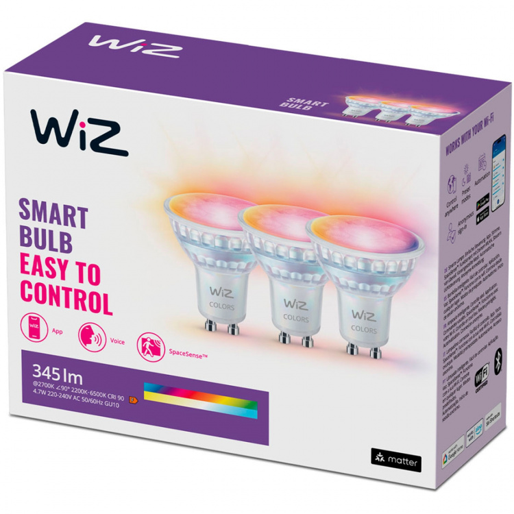 WiZ WiFi Smart LED GU10 50W 345lm Färg + Varm-kallvit 3-pack WiZ WiFi Smart LED GU10 50W 345lm Färg + Varm-kallvit 3-pack
