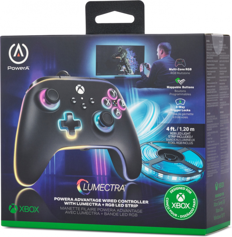 PowerA Lumectra Advantage Wired Controller -langallinen peliohjain, musta + RGB LED-nauha, Xbox / PC