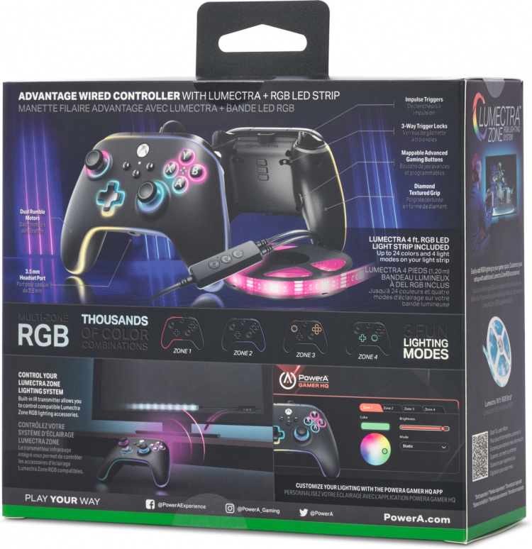 PowerA Lumectra Advantage Wired Controller -langallinen peliohjain, musta + RGB LED-nauha, Xbox / PC