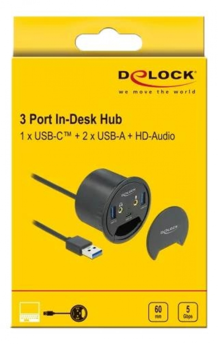 DeLOCK 3 Port In-Desk Hub USB 1 x USB Type-C and 2 x USB Type-A +HD