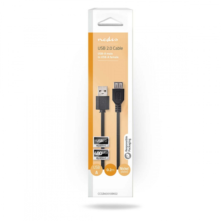 Nedis USB kaapeli | USB 2.0 | USB-A Uros | USB-A Naaras | 480 Mbps | Niklattu | 0.20 m | Pyöreä | PVC | Musta | Laatikko Nedis USB kaapeli | USB 2.0 | USB-A Uros | USB-A Naaras | 480 Mbps | Niklattu | 0.20 m | Pyöreä | PVC | Musta | Laatikko