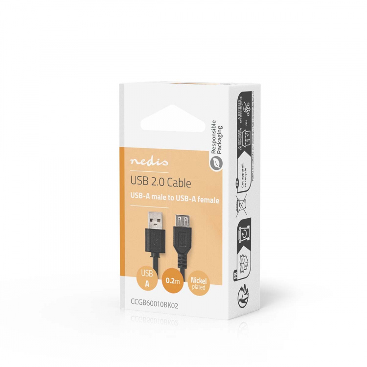 Nedis USB kaapeli | USB 2.0 | USB-A Uros | USB-A Naaras | 480 Mbps | Niklattu | 0.20 m | Pyöreä | PVC | Musta | Laatikko Nedis USB kaapeli | USB 2.0 | USB-A Uros | USB-A Naaras | 480 Mbps | Niklattu | 0.20 m | Pyöreä | PVC | Musta | Laatikko