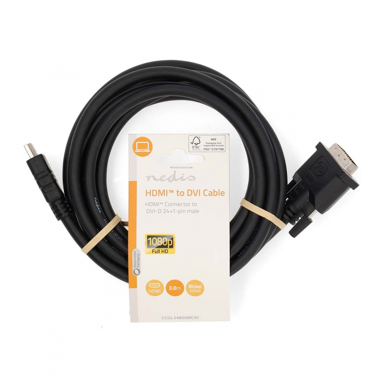 Nedis HDMI™ -kaapeli | HDMI™ liitin | DVI-D 24+1-Pin Uros | 1080p | Niklattu | 3.00 m | Suora | PVC | Musta | Label
