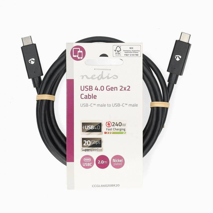 Nedis USB kaapeli | USB 4.0 Gen 2x2 | USB-C™ Uros | USB-C™ Uros | 240 W | 8K@60Hz | 20 Gbps | Niklattu | 2.00 m | Pyöreä | PVC | Musta | Label