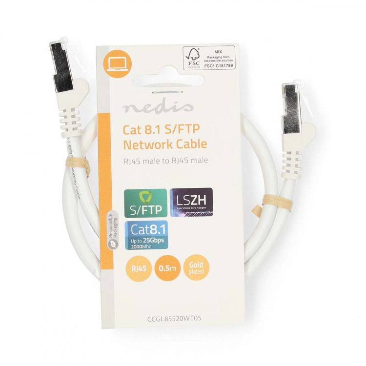 Nedis Cat 8.1 verkkokaapeli | S/FTP | RJ45 uros | RJ45 uros | 0.50 m | Pyöreä | LSZH | Valkoinen | Label
