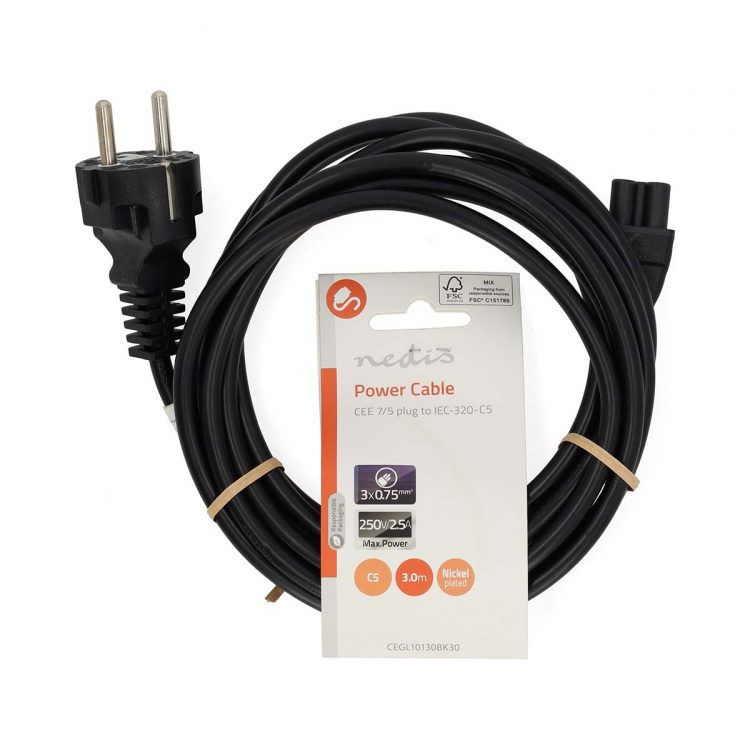 Nedis Sähköjohto | Suko Uros | IEC-320-C5 | Suora | Suora | Niklattu | 3.00 m | Pyöreä | PVC | Musta | Label