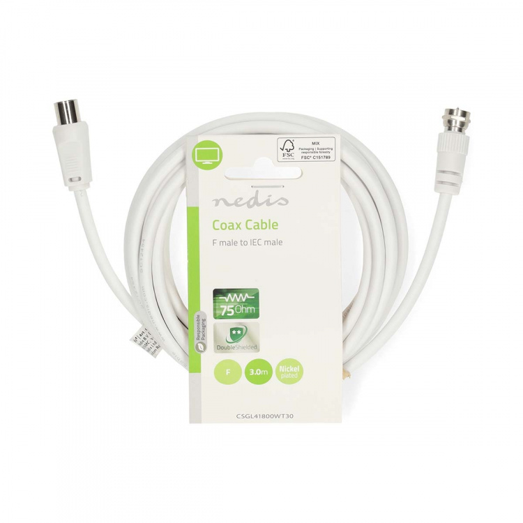 Nedis Satelliitti- ja Antennikaapeli | F uros | IEC (Coax) Uros | Niklattu | 75 Ohm | Tuplasuojattu | 3.00 m | Pyöreä | PVC | Valkoinen | Label Nedis Satelliitti- ja Antennikaapeli | F uros | IEC (Coax) Uros | Niklattu | 75 Ohm | Tuplasuojattu | 3.00 m | Pyöreä | PVC | Valkoinen | Label