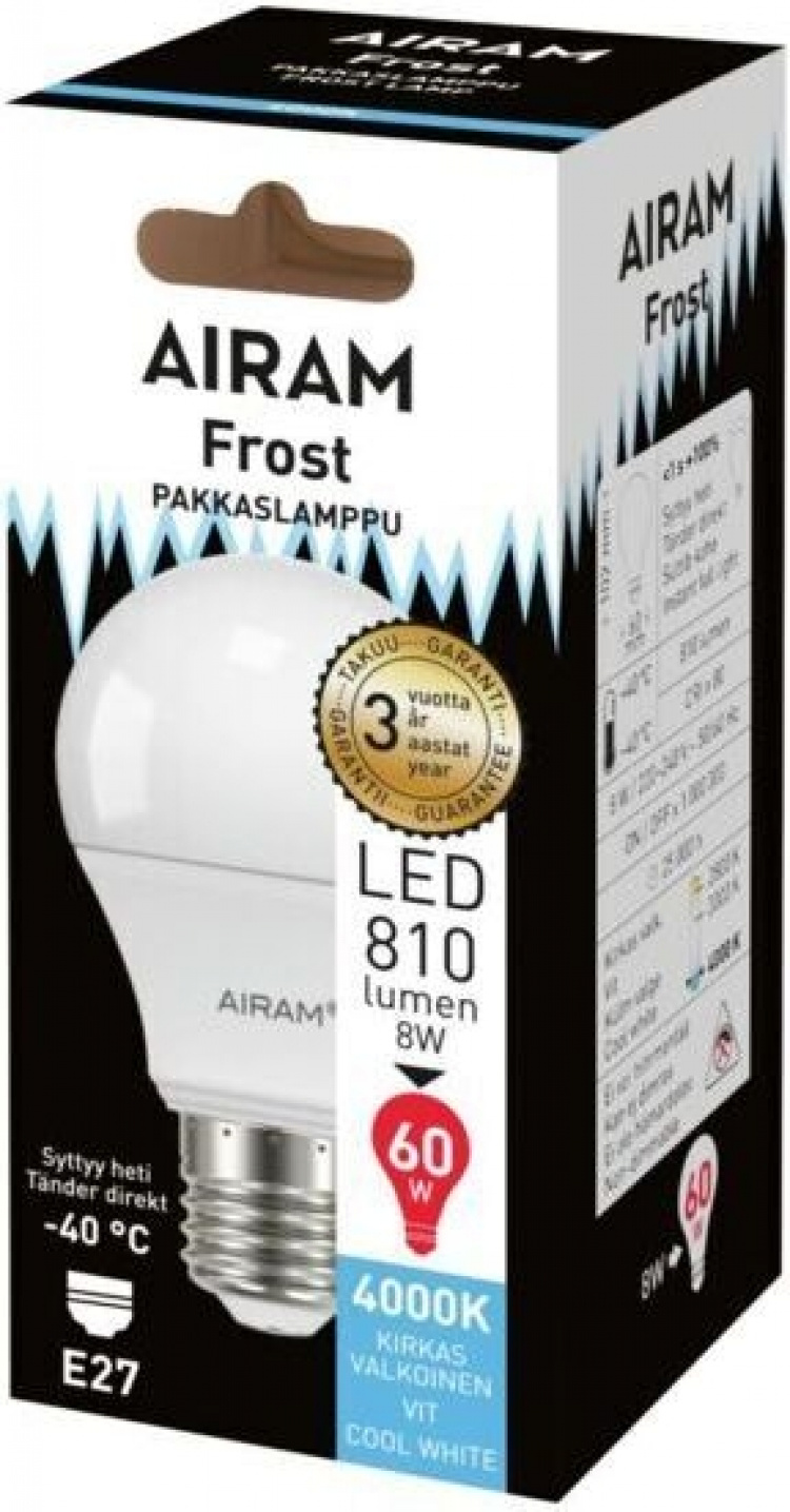 Airam LED -pakkaslamppu, E27, 4000K, 810 lm, opaali Airam LED -pakkaslamppu, E27, 4000K, 810 lm, opaali