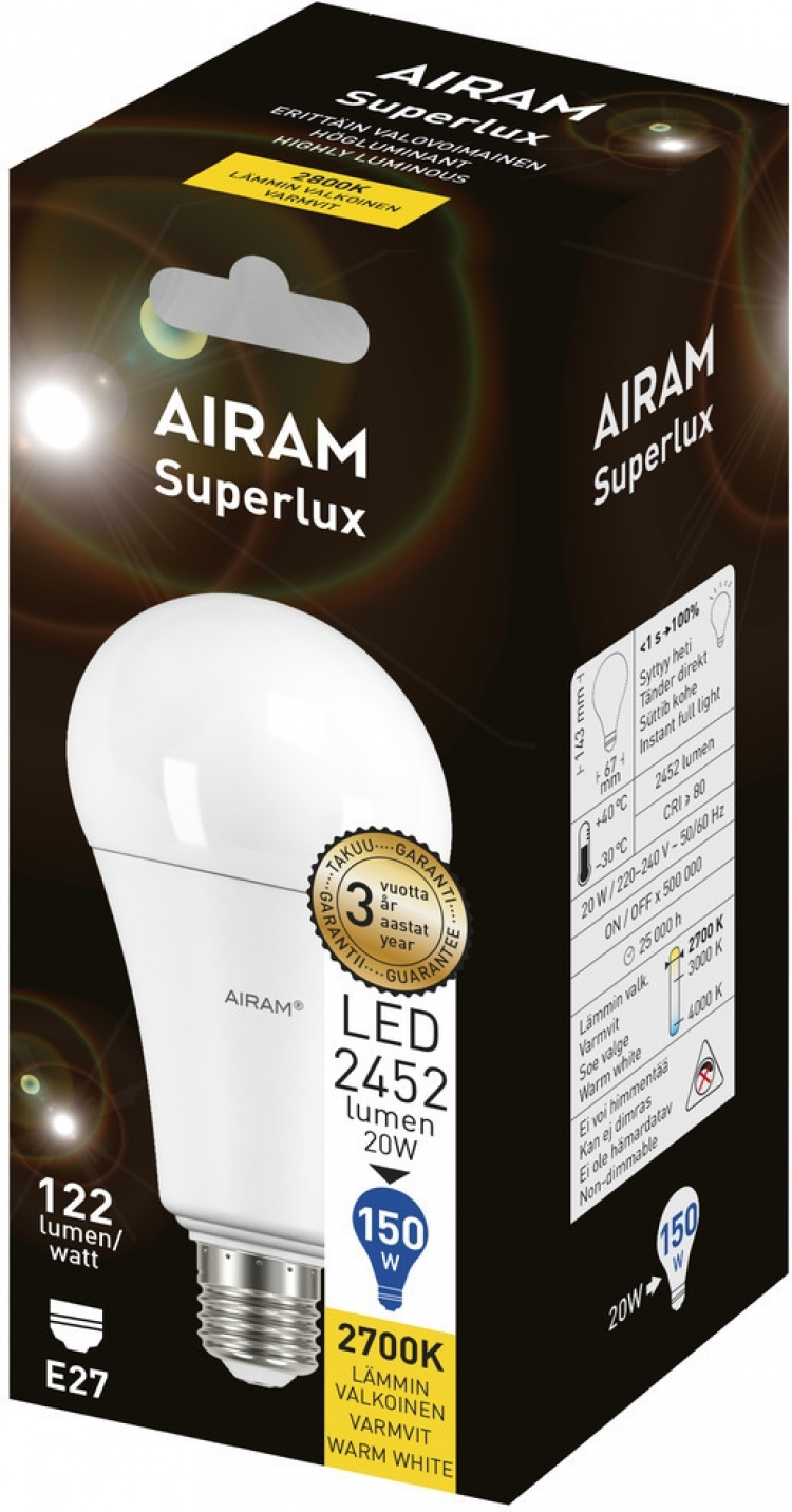Airam Superlux 20 W -vakiokupulamppu, E27, 2700 K, 2452 lm Airam Superlux 20 W -vakiokupulamppu, E27, 2700 K, 2452 lm