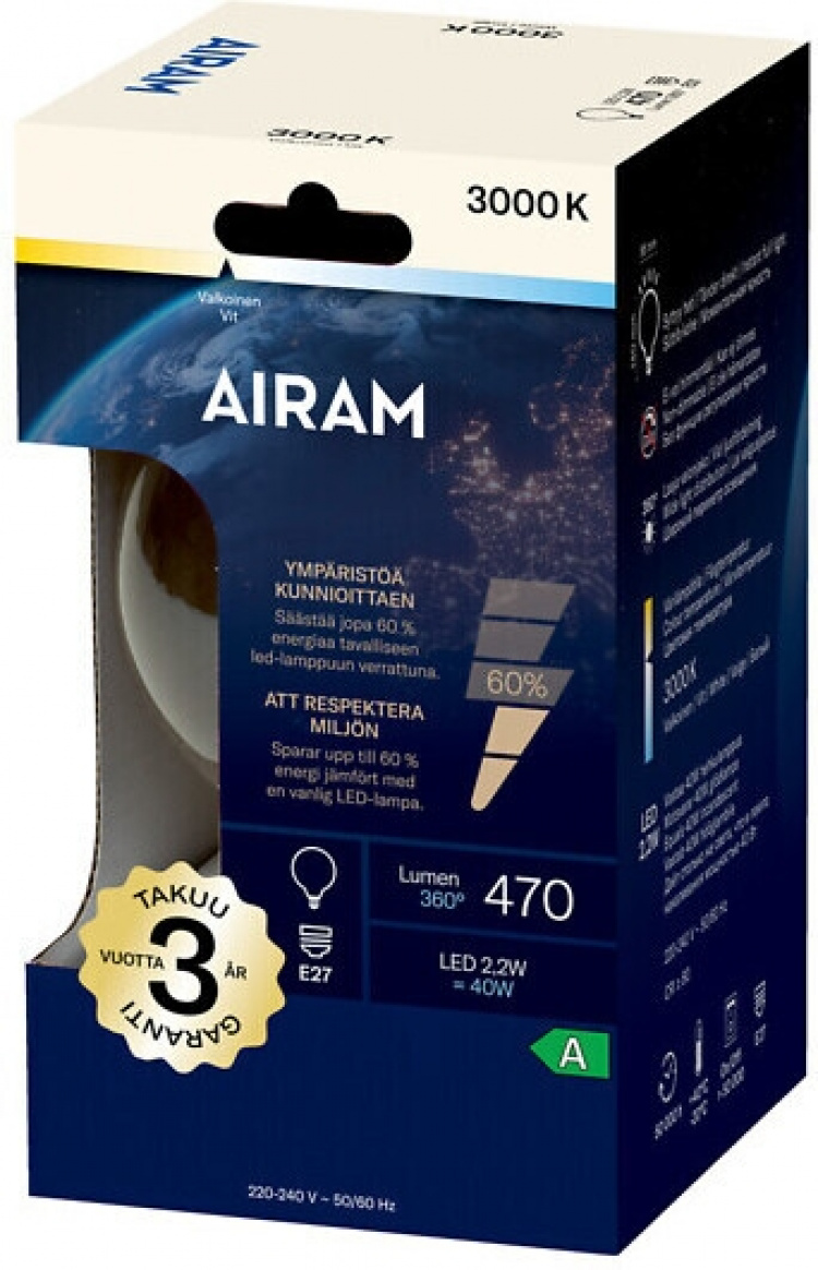 Airam LED G95 -lamppu, E27, 3000K, 470lm, kirkaskupuinen Airam LED G95 -lamppu, E27, 3000K, 470lm, kirkaskupuinen
