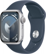 Apple Watch Series 9 (GPS) 41 mm hopeanvärinen alumiinikuori ja myrskynsininen urheiluranneke, M/L (MR913)
