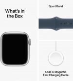 Apple Watch Series 9 (GPS) 41 mm hopeanvärinen alumiinikuori ja myrskynsininen urheiluranneke, M/L (MR913)