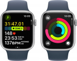 Apple Watch Series 9 (GPS + Cellular) 45 mm hopeanvärinen alumiinikuori ja myrskynsininen urheiluranneke, M/L (MRMH3)
