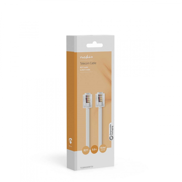 Nedis Puhelinkaapeli | RJ11 Uros | RJ11 Uros | 5.00 m | Kaapelin malli: Litteä | Kaapelin tyyppi: RJ11 | Läpikuultava / Valkoinen