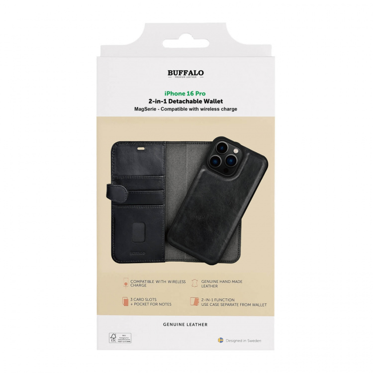 Buffalo 2in1 Leather 3 card MagSeries iPhone 16 Pro Black