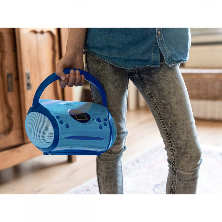 Lenco Boombox, jossa CD-soitin FM-radio ja tarroja Sininen