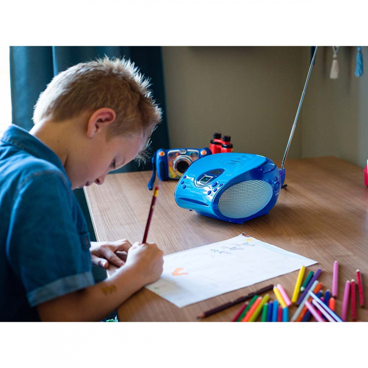 Lenco Boombox, jossa CD-soitin FM-radio ja tarroja Sininen