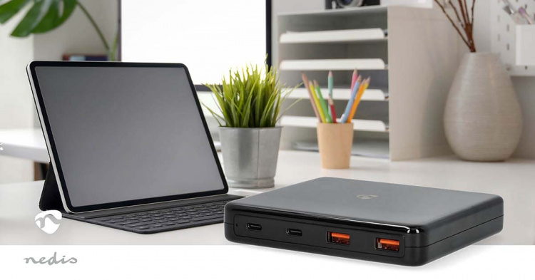 Nedis Pöytälaturi | 65 W | GaN | 1.5 / 2.0 / 2.5 / 3.0 / 3.25 A A | Lähtöliitäntöjen määrä: 4 | USB-A / USB-C™ | Euro | 1.50 m | Automaattinen Jännitteen Valinta Nedis Pöytälaturi | 65 W | GaN | 1.5 / 2.0 / 2.5 / 3.0 / 3.25 A A | Lähtöliitäntöjen määrä: 4 | USB-A / USB-C™ | Euro | 1.50 m | Automaattinen Jännitteen Valinta