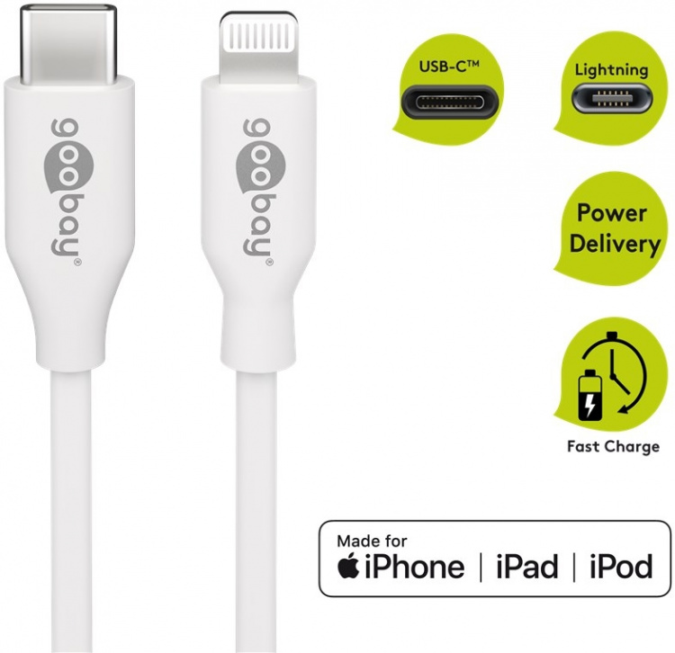 Goobay Lightning till USB-C™ laddnings- och synkroniseringskabel, 0,5 m, vit MFi-kabel för Apple iPhone/iPad Goobay Lightning till USB-C™ laddnings- och synkroniseringskabel, 0,5 m, vit MFi-kabel för Apple iPhone/iPad