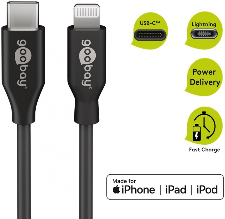 Goobay Lightning till USB-C™ laddnings- och synkroniseringskabel, 2 m, svart MFi-kabel för Apple iPhone/iPad Goobay Lightning till USB-C™ laddnings- och synkroniseringskabel, 2 m, svart MFi-kabel för Apple iPhone/iPad