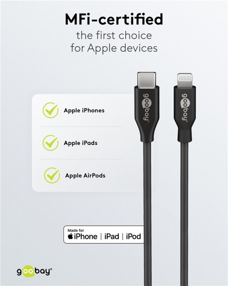 Goobay Lightning till USB-C™ laddnings- och synkroniseringskabel, 2 m, svart MFi-kabel för Apple iPhone/iPad Goobay Lightning till USB-C™ laddnings- och synkroniseringskabel, 2 m, svart MFi-kabel för Apple iPhone/iPad