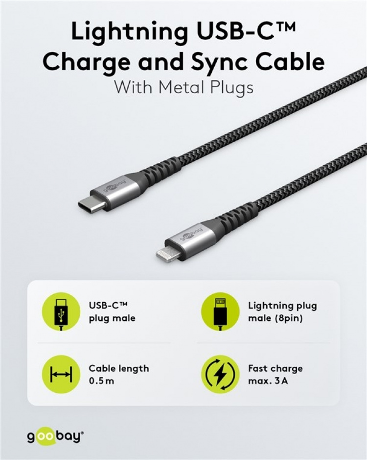 Goobay Lightning-USB-C™ textilkabel med metallkontakter, 1 m MFi-certifierad, elegant och extra robust laddnings- och synkroniseringskabel för Apple iPhone/iPad (svart, grå)